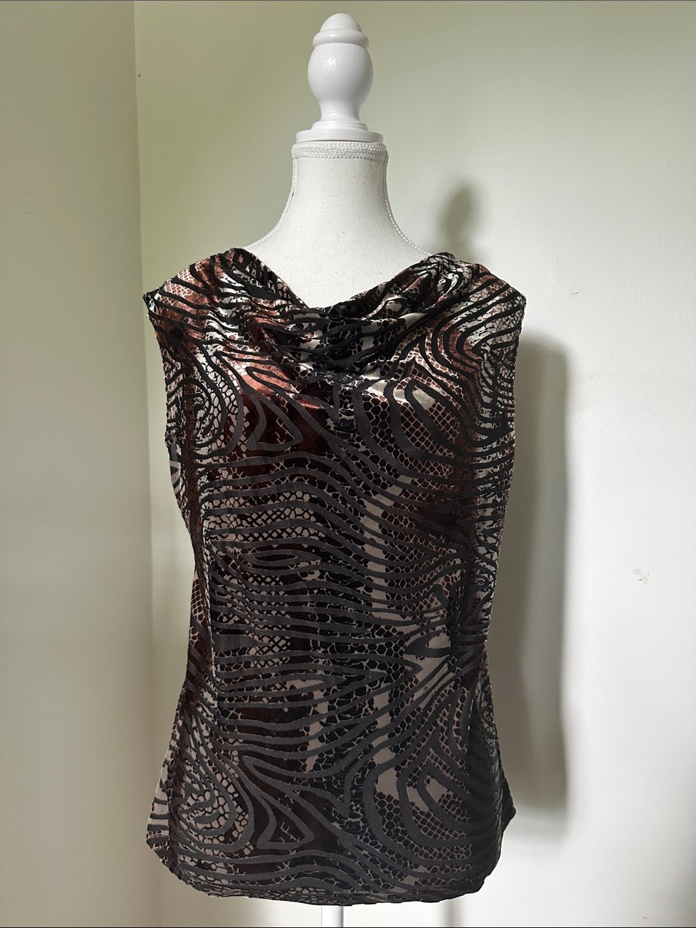 NICOLA Vintage Y2K Mixed Animal Print Velvet Burnout Cowl Neck Sleeveless Top